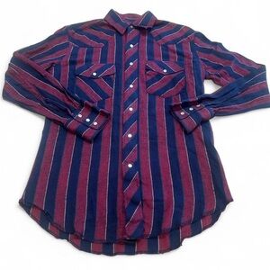Vintage Wrangler Pearl Snap Flannel Shirt Mens L Tall Red Blue Plaid Western EUC